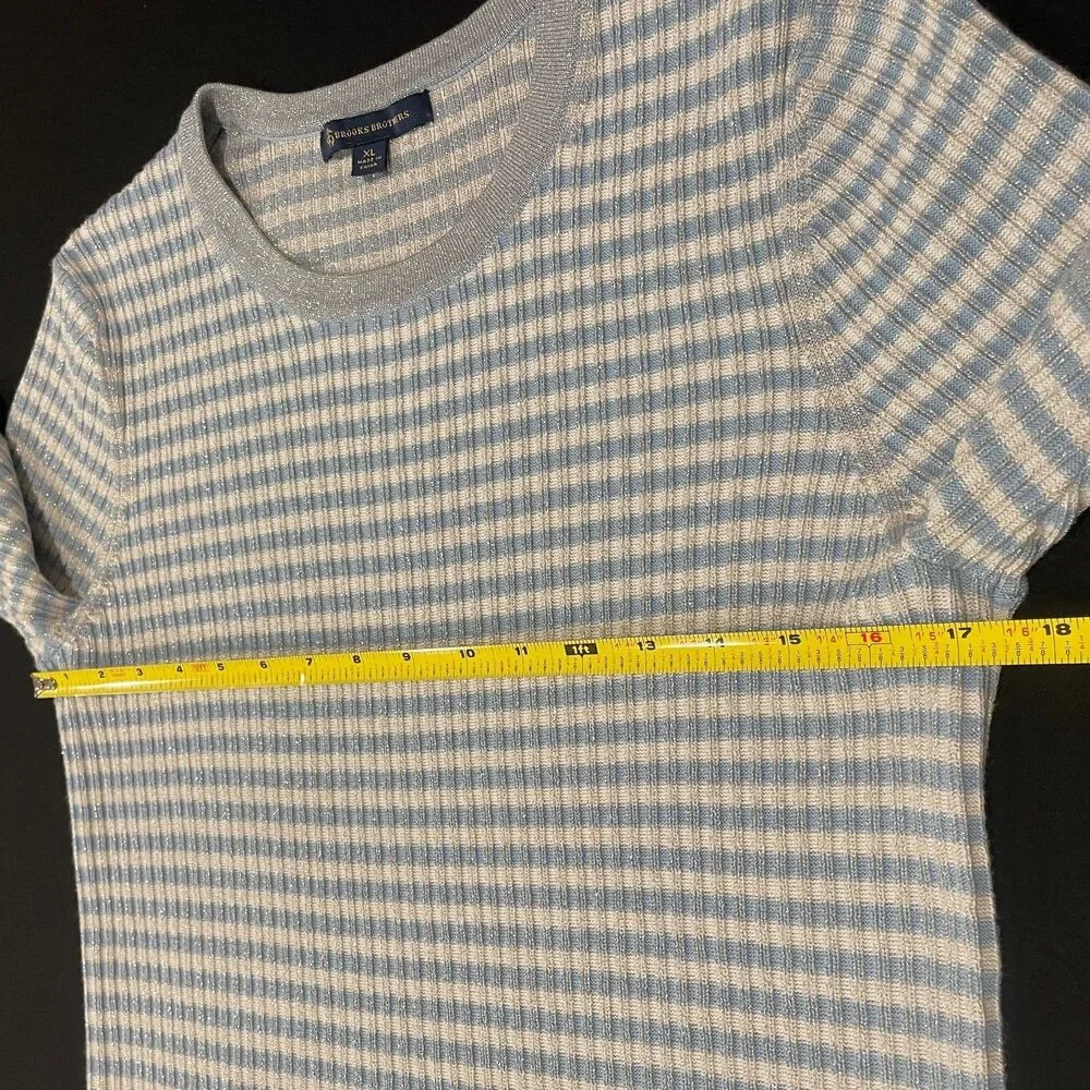 ~ Brooks Brothers XL Sweater Short Sleeved Striped Metallic Ribbed Knit Lt Blue